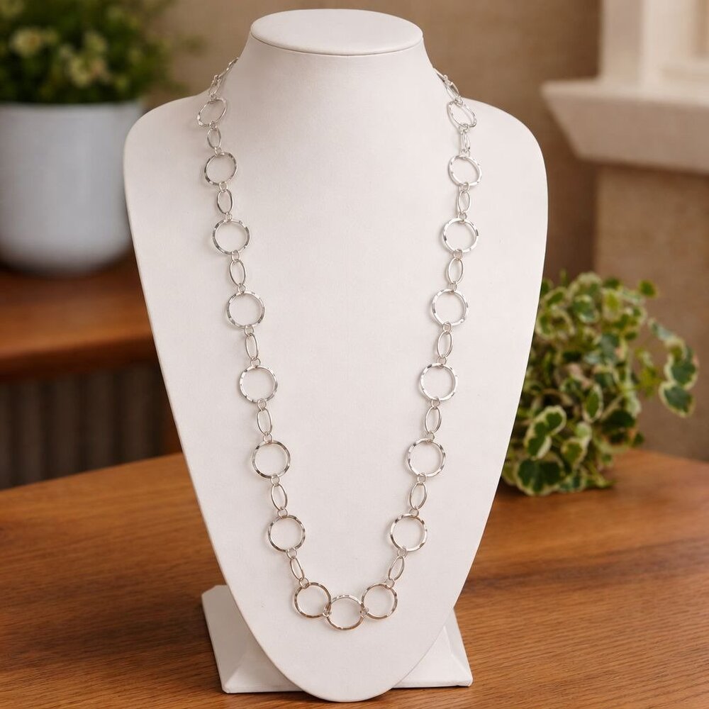 Silver Tone Hammered Circle Link Necklace Handcrafted Minimalist Design 37 in